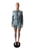 Light Blue Guard Down Denim Long Sleeve Washed Stretch  Rompers