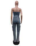 Stretch Denim Embroidered Tube Top Strapless Jumpsuit