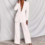 Women 2 Pieces Lapel Collar with Straight Work Pants Business Office Suit Set