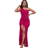 Sequins One Shoulder Oblique Collar High Slit Evening Bodycon Maxi Dress