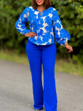 Women Floral Print Long Sleeve Tie Top and Wide Leg Long Pants Sets