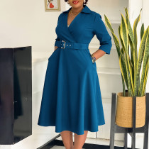 Solid 3/4 Sleeve Turndown Collar Office Lady A Line Dresses with Belt