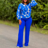 Women Floral Print Long Sleeve Tie Top and Wide Leg Long Pants Sets