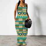 1 Piece Custom Casual Print V Neck Straps Maxi Dress