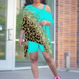 1 Piece Custom Casual Print Sloping Shoulders Plus Size Short Set
