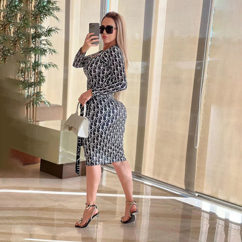 Elegant Belted Printed Long Sleeve Blouse & Midi Skirts