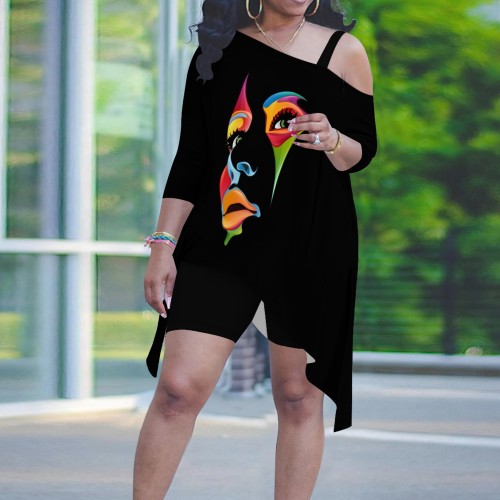 1 Piece Custom Casual Print Sloping Shoulders Plus Size Short Set