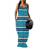 1 Piece Custom Casual Print V Neck Straps Maxi Dress