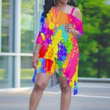 1 Piece Custom Casual Print Sloping Shoulders Plus Size Short Set