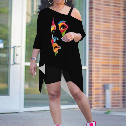 1 Piece Custom Casual Print Sloping Shoulders Plus Size Short Set