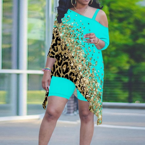 1 Piece Custom Casual Print Sloping Shoulders Plus Size Short Set