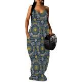 1 Piece Custom Casual Print V Neck Straps Maxi Dress
