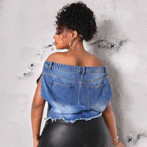 Off Shoulder Denim Jacket Vest Top