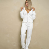 Casual Embossed Zipper Hooded Sweatshirt Pant Set with Pocket