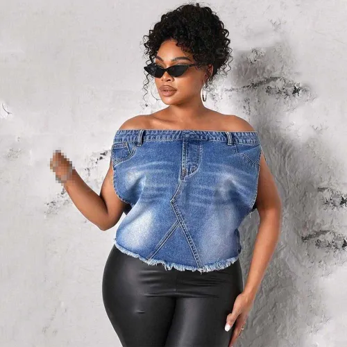 Off Shoulder Denim Jacket Vest Top