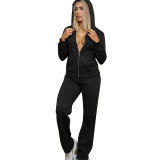 Casual Embossed Zipper Hooded Sweatshirt Pant Set with Pocket