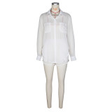 Solid Pocket Buckle Patchwork Slit Shirt-Collar Long Sleeve Two Pieces