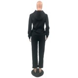 Casual Embossed Zipper Hooded Sweatshirt Pant Set with Pocket