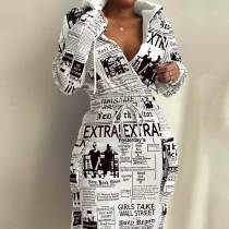 Casual Print Tunic Pocket Long Sleeve Hooded Fashion Dress