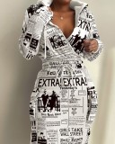Casual Print Tunic Pocket Long Sleeve Hooded Fashion Dress
