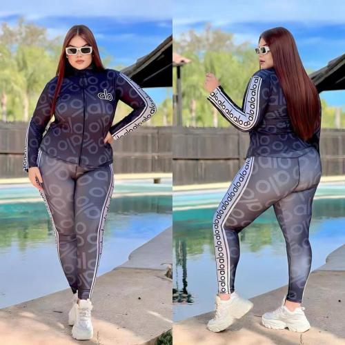 Plus Size Printed Zipper High Neck Pant Set