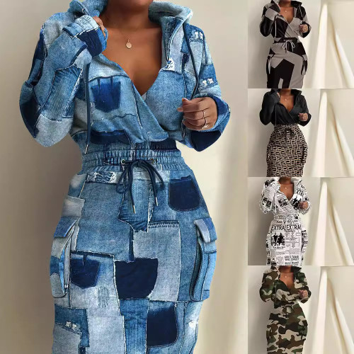 Casual Print Tunic Pocket Long Sleeve Hooded Fashion Dress