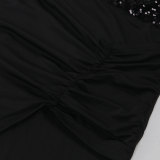 Solid One Shoulder Long Sleeve Bodycon Sequined Slit Dress