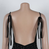 Women Beaded Backless Lace-Up Straps Pleated Straps Bodycon Dress