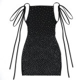 Women Beaded Backless Lace-Up Straps Pleated Straps Bodycon Dress