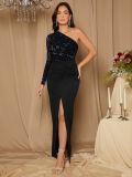 Solid One Shoulder Long Sleeve Bodycon Sequined Slit Dress