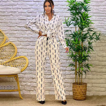 Casual Loose Lapel Printed Long Sleeve Shirt Wide-leg Trousers Suit Casual Loose Lapel Printed Long Sleeve Shirt Wide-leg Trousers Suit