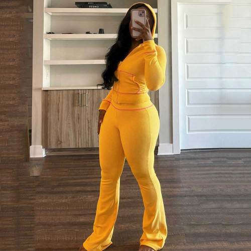 Solid Women Waffle Crop Top Tracksuit Hoodie Sweatpants Sets