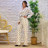 Casual Loose Lapel Printed Long Sleeve Shirt Wide-leg Trousers Suit
