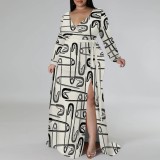 1 Piece Custom Casual Print Long Sleeve V Neck Plus Size Maxi Dresses