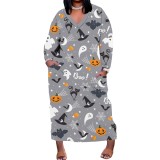 1 Piece Custom Halloween Print Long Sleeve Plus Size Maxi Dresses