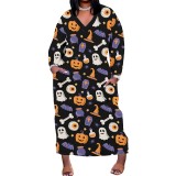 1 Piece Custom Halloween Print Long Sleeve Plus Size Maxi Dresses