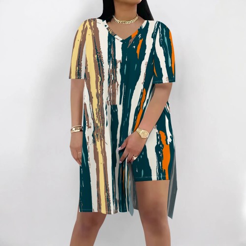 1 Piece Custom Casual Print Basic V Neck Short Set