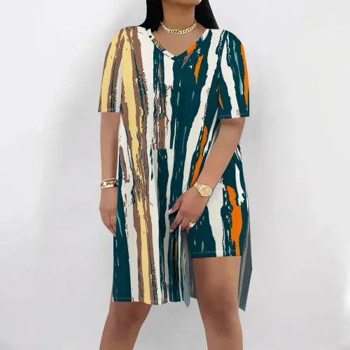 1 Piece Custom Casual Print Basic V Neck Short Set