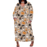 1 Piece Custom Halloween Print Long Sleeve Plus Size Maxi Dresses