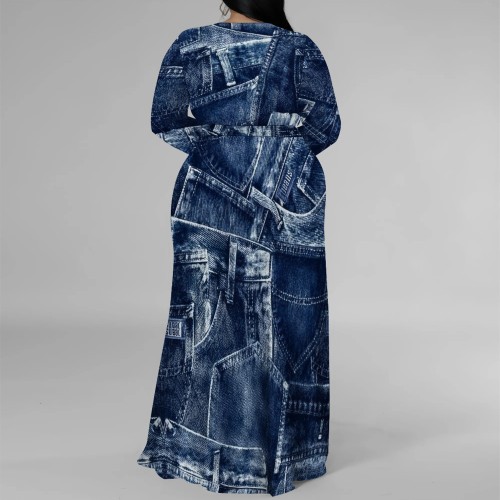 1 Piece Custom Casual Print Long Sleeve V Neck Plus Size Maxi Dresses