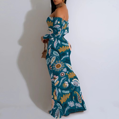 1 Piece Custom Casual Print Off Shoulder Long Dresses