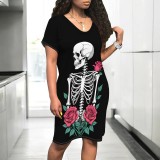 1 Piece Custom Halloween Print V Neck Midi Dresses