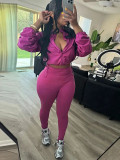 Casual Zipper Drawstring Crop Tops & High Waist Sweatpants