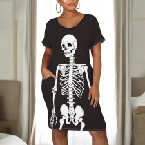 1 Piece Custom Halloween Print V Neck Midi Dresses