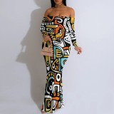 1 Piece Custom Casual Print Off Shoulder Long Dresses