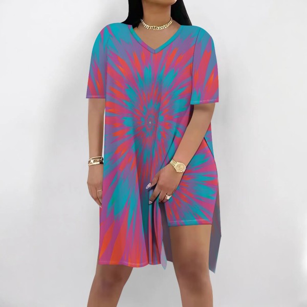 1 Piece Custom Casual Tie-dye Print Slit Short Set