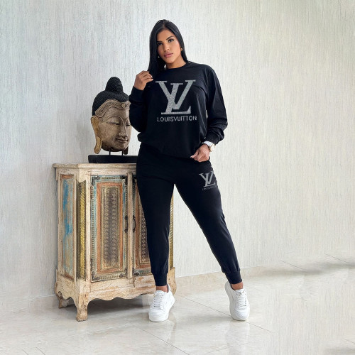 Fashion Sports Suit Long Sleeve Hot Drilling Two-piece Pant Set