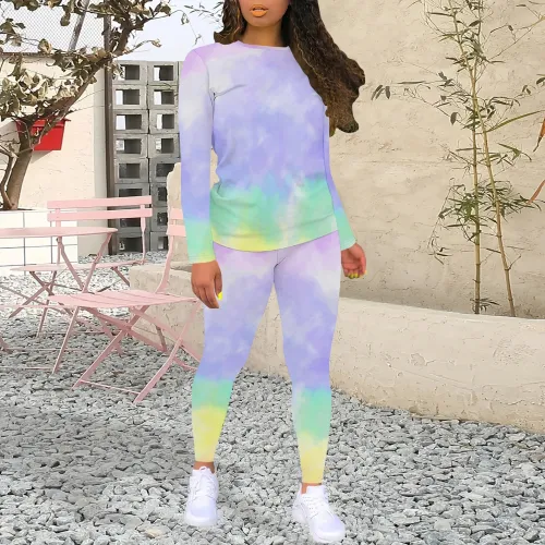 1 Piece Custom Autumn Tie-dye Print Long Sleeve Casual Set