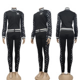 Autumn Sports Simple Print Zipper High Neck Sweatshirt Pant Set