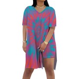1 Piece Custom Casual Tie-dye Print Slit Short Set